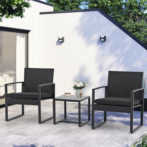 JOIVI 3 Pieces Patio Bistro Set, PE Wicker Outdoor Patio Furniture Set, Modern Rattan Patio Chairs with Coffee Table, Patio Conversation Sets for Balcony, Front Porch, Garden, Poolside, Black Cushions