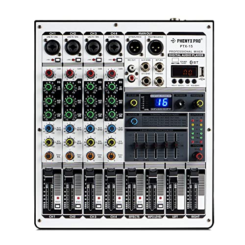 Professional Audio Mixer, Phenyx Pro Sound Mixer w/USB Audio Interface, 4-Channel Sound board Dj Mixer w/Stereo Equalizer, 16 DSP Effects, suitable for Stage, Live Gigs, and Karaoke (PTX-15)