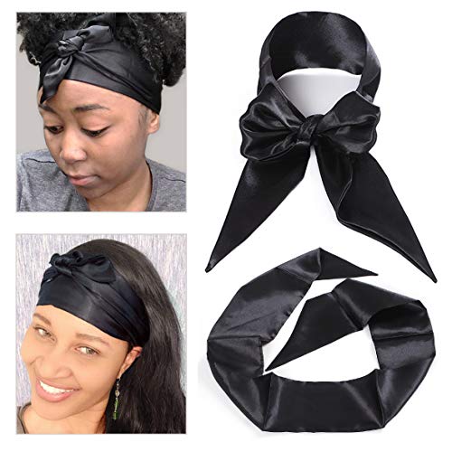 Leeven 2 Pcs Silky Satin Edge Scarves 4.5”x54” Large Wig Grip Band Women Satin Headband For Lace front Wigs Non Slip Hair Wrap Black Satin Edge Laying Scarf For Makeup, Facial,Sport,Yoga