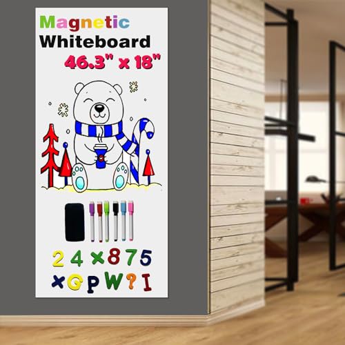 LACQWO Magnetic Whiteboard Paper for Wall 46.3' x 18' Adhesive Magnetic Dry Erase White Board Sticker with 53 Magnetic Letters 6 Markers for Kid Removable Peel and Stick Whiteboard Wallpaper Roll