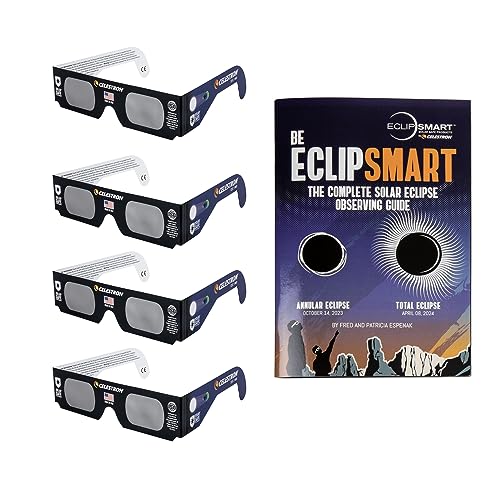 Celestron – EclipSmart Safe Solar Eclipse Glasses Family 4-Pack – Meets ISO 12312-2:2015(E) Standards – Premium Solar Safe Filter Technology – Includes One Size Fits All Glasses + Eclipse Guidebook