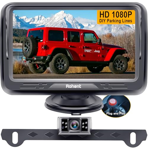 Rohent Backup Camera Monitor HD 1080P Night Vision Waterproof Car Truck License Plate Back Up Rear View Reverse Cam Kit DIY Gridlines R1