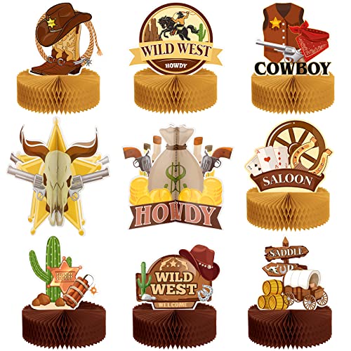 Marspark 9 Pcs Wild Western Party Decorations Western Centerpieces for Tables Cowboy Honeycomb Centerpieces 3D Cowboy Western Theme Baby Show Birthday Party Supplies