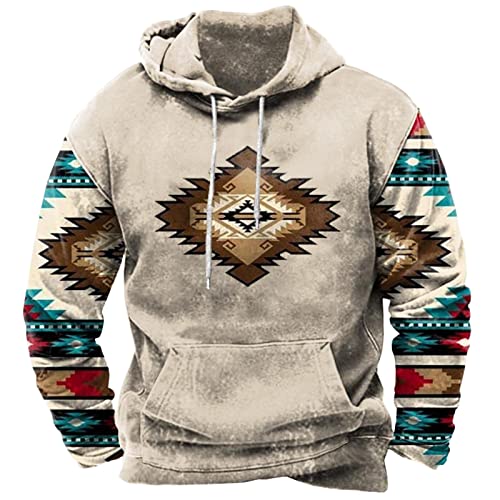 Zeiyignr Men's Western Aztec Sweatshirts, Ethnic Print Graphic Patchwork Hoodies Slim Casual Pullover Tops with Drawstring