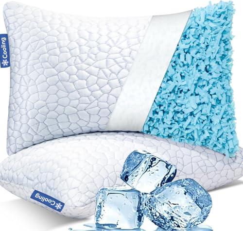 QUTOOL Cooling Pillows for Sleeping 2 Pack, Shredded Memory Foam Bed Pillows Queen Size Set of 2, Gel Pillow for Hot Sleepers Cool Pillow for Side Back and Stomach Sleepers, Cold Pillow, Supportive