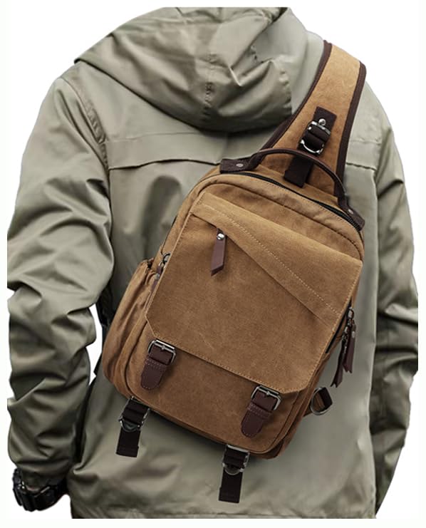 Messenger Bag for Men Small Sling Crossbody Backpack for Men Women Canvas Strap Backpack for Working Hiking Cycling Travel, Khaki