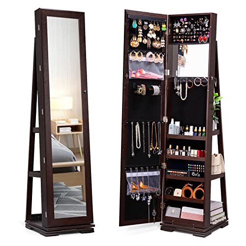 TWING 360° Rotating Jewelry Armoire with Full Length Mirror, Revolving Full Body Mirror Makeup Jewelry Cabinet Standing Jewelry Organizer Holder, Large Jewelry Box, Mother's Day Birthday Gift, Brown