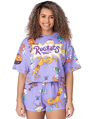 Rugrats Womens Pyjama Set | Ladies Cropped T-Shirt With Shorts Bottoms Complete Pjs Bundle | 90s Cartoon Nightwear Pajama Purple