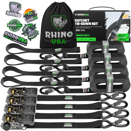 Rhino USA Ratchet Tie Down Straps (4PK) - Includes (4) Premium 1' x 15' Rachet Tie Downs with Padded Handles. Best for Moving, Securing Cargo, Kayaks, Mountain & E-Bike Tie Downs (Black 4-Pack)