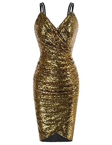 Women's Club Night Out Dresses V-Neck Ruched Sequin Glitter Party Dress Brown L