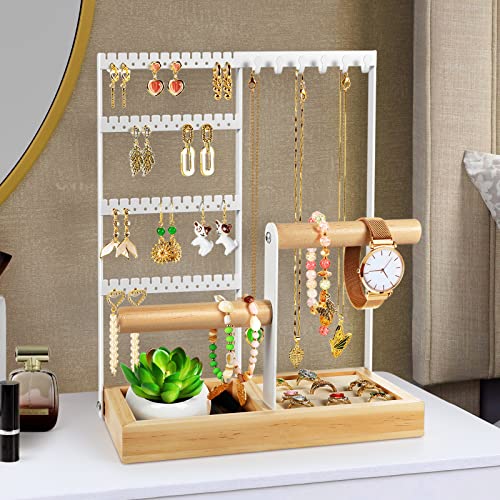 Godboat Jewelry Organizer, 4-Tier Earring Holder Organizer with 48 Holes, 6 Hooks Necklace Organizer, Wood Box for Bracelet & Ring, Mothers Day Gifts for Women, Cool Preppy Stuff & Room Decor (White)