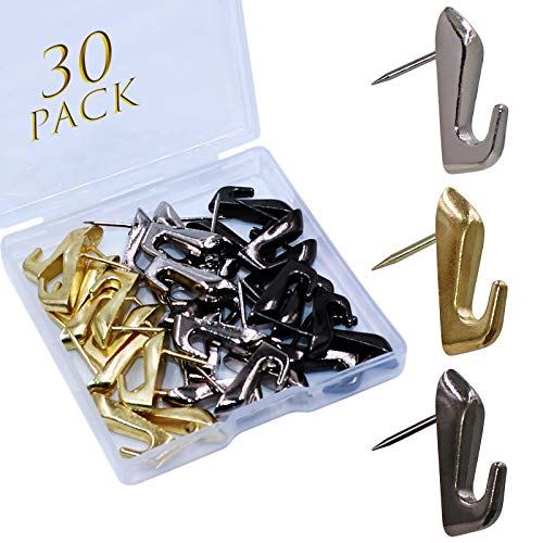30 PCS Push Pin Picture Hooks, Push Pin Hangers, Decorative Push Pins for Wall Hanging, Thumb Tacks for Hanging, Bulletin Board Hooks (Silver & Gold & Black)