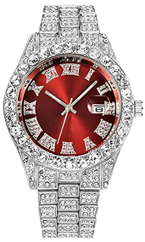 Unisex Diamond Watch Fashion Hip Hop Crystal Rhinestone Roman Numerals Watch Iced-Out Bracelet Wrist Watches for Men Women (Silver red)