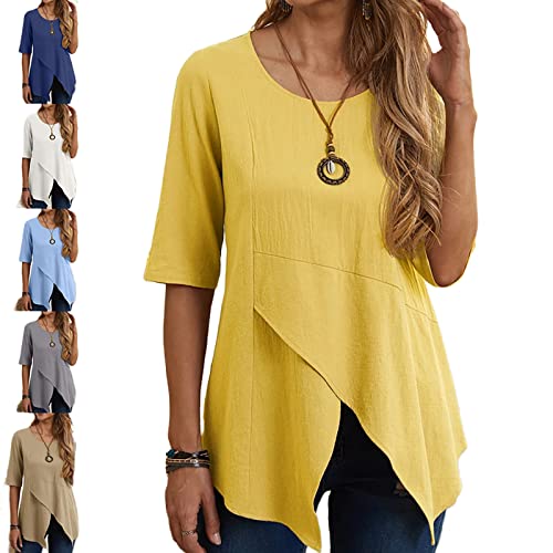 Mayntop Women Cotton Linen Solid Color Plain Round Neck Slit Hem Asymmetrical Top Summer Half Short Sleeve Tee Blouse T Shirt Shirt A Yellow L