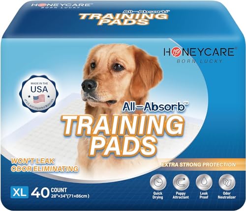 HONEY CARE All-Absorb, X-Large 28' x 34', 40 Count, Dog and Puppy Training Pads, Ultra Absorbent and Odor Eliminating, Leak-proof 5-Layer Potty Training Pads with Quick-dry Surface, Blue