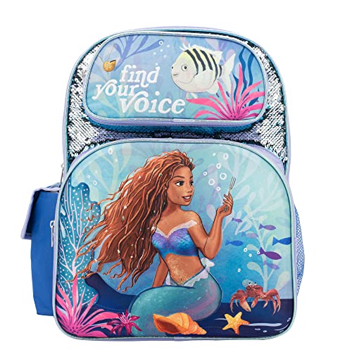 DISNEY The Little Mermaid Movie Backpack, Girls Bookbag with Adjustable Shoulder Straps & Padded Back, 16” Flip Sequin School Bag w/3D Molded Front Pocket