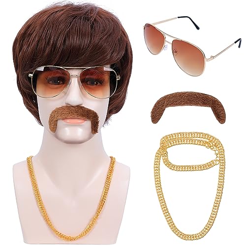 Bettecos 70s 80s Costume Wigs for Men with Mustache Glasses and Chain Short Brown Shaggy Disco Wig for Sonny Singer Rocker Hippie Retro Cosplay Halloween Party