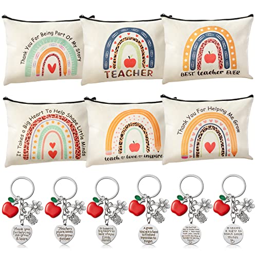 CY2SIDE 12PCS Teacher Appreciation Gifts Set 6 Teacher Survival Kit Boho Rainbow Makeup Pouch Cosmetic Bag with Zipper and 6 Random Teacher Key Chains/Key Ring Thank You Gifts for Teacher