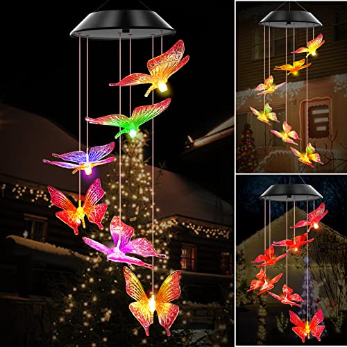 WENANA Purple Butterfly Solar Wind Chimes Color Changing Lights Outdoor, Best Gifts for Mom Grandma Women Wife Aunt Sister, Unique Mobile Wind Chime, Garden Yard Decor