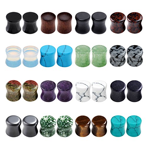 PiercingJ Acrylic Wood Mixed Stone Plugs 16 Pairs/32 Pieces Set Ear Plugs Ear Tunnels Ear Gauges Double Flared Ear Expander Stretcher Set
