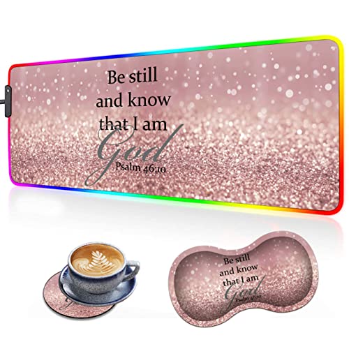 RGB Large Game LED Mouse Pad with Gel Wrist Pad and Coasters, Large Luminous Table Pad with Non-Slip Rubber Base, Suitable for Work and Play, Pink Quotes from Psalm 46:10