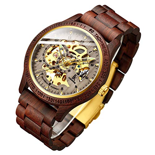 IK COLOURING Men's Watches Luxury Mechanical Wooden Case Skeleton Luminous Automatic Self-Winding Lightweight Genuine Leather Bracelet/Wood Band Wrist Watch