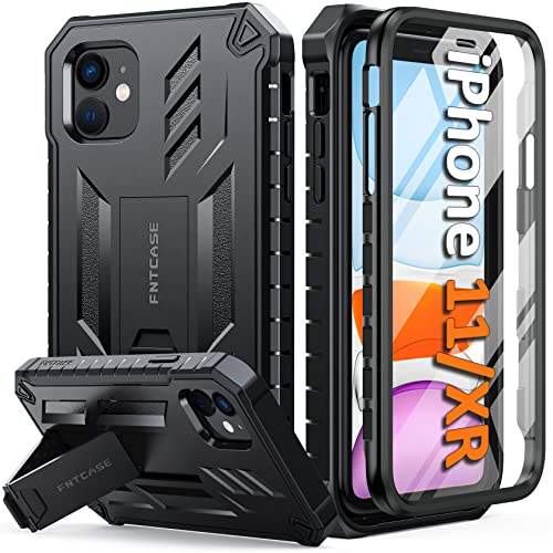 FNTCASE for iPhone 11 Phone Case: for iPhone XR case with Kickstand Shockproof Military Grade Protective Cover - Dual Layer Full Protection Durable Matte Textured Drop Proof - 6.1 Inch Black