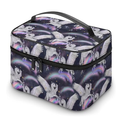 GemGam Makeup Bag Watercolor Unicorns Rainbow Cosmetic Bag for Women, Beauty Zipper Makeup Organizer PU Leather Waterproof Toiletry Train Case Magic Pegasus