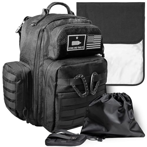 Dad Diaper Bag - Molle-Style Military Diaper Backpack Made of Rugged 900D Waterproof Polyester with Wider Extra-Long Straps, Pouch for Dirty Diapers, Baby Wipes Dispenser & Insulated Bottle Pockets