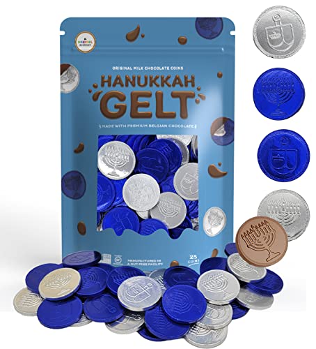 Milk Chocolate Coins, Hanukkah Gelt, Blue And Silver Coins, Made with Premium Belgian Chocolate, Nut-Free, Gluten-Free, Non-GMO, Kosher Certified Dairy (25-Pack)