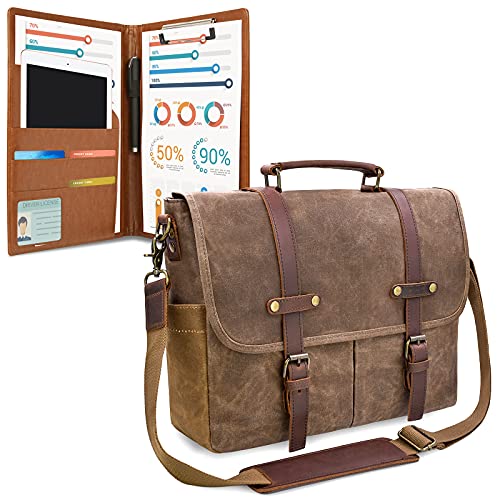 Mens Messenger Bag 15.6 Inch Waterproof Vintage Genuine Leather Waxed Canvas Briefcase Large Satchel Shoulder Bag with Leather Portfolio, Brown Coffee