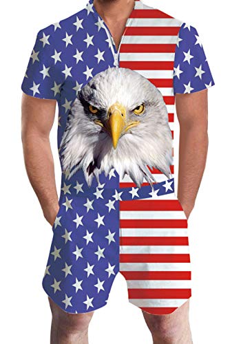 RAISEVERN Men's Rompers Male Zipper Jumpsuit Shorts Flag Independence Day 4th of July One Piece Romper Slim Fit Bro Short Sleeve Shirt Outfits