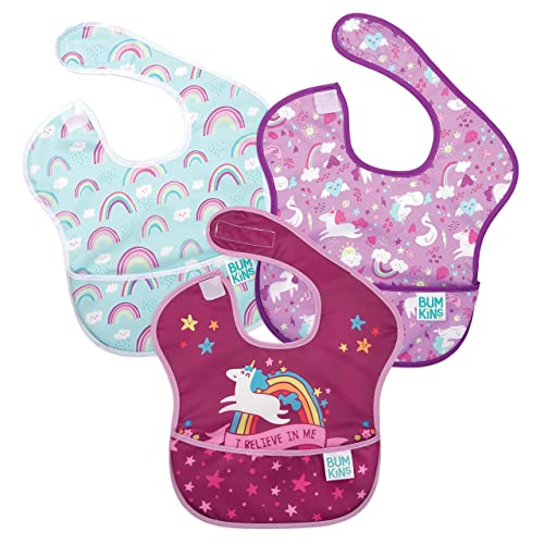 Bumkins Bibs for Girl or Boy, SuperBib Baby and Toddler for 6-24 Months, Essential Must Have for Eating, Feeding, Baby Led Weaning Supplies, Mess Saving Catch Food, Fabric 3-pk Unicorns and Rainbows