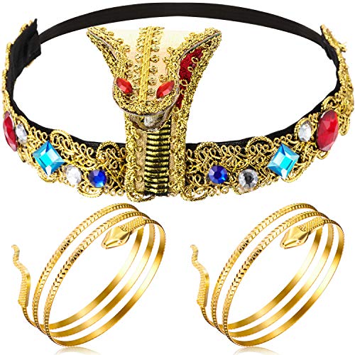 Hicarer 3 Pieces Egyptian Costume Accessories, Egyptian Headpiece with 2 Pieces Metal Snake Arm Cuffs Swirl Snake Bracelets Snake Upper Bracelets for Women