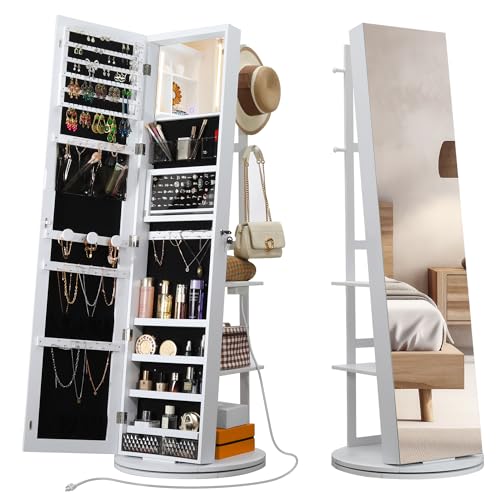 IRONCK 360° Swivel Mirrored Jewelry Cabinet with Full-Length Mirror and Power Outlet, Lockable Standing Jewelry Organizer with Rear Storage Shelves, Interior Mirror, LED Lights, White