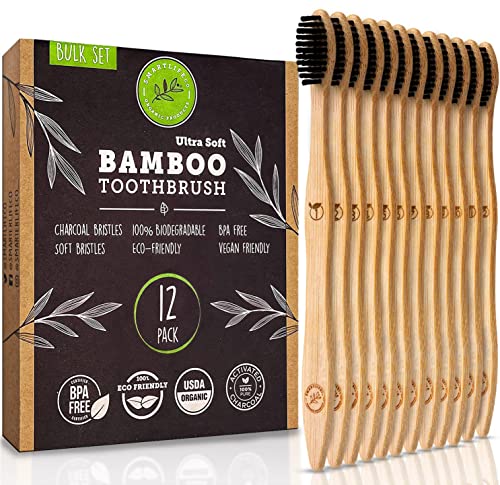 Charcoal Bamboo Toothbrushes - Extra Soft Natural Bristles For Adults & Kids Teeth | Zero Waste Biodegradable Bulk Wooden Tooth Brush Travel Kit | BPA Free, Eco-Friendly Organic Compostable (12 Pack)