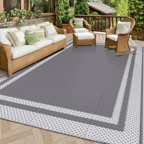 HappyTrends Outdoor Rug Reversible Portable Plastic Straw Camping Rugs for Outside RV,Large Waterproof Outdoor Area Rugs for Patio,Deck,Porch,Balcony(5'x 8',White&Gray)