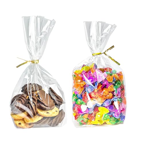 PigPotParty 6'x 9', 50Pcs Bottom Gusset Bags, Clear Cello Cellophane Plastic Treat Goodie Bags with 50x Twist Ties for Small Gift Party Favors, Cookie, Candy, Popcorn (No Side Gusset)