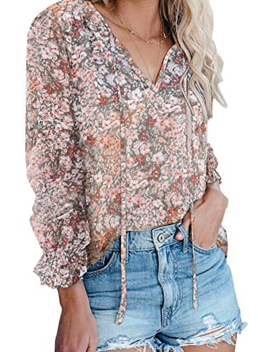 Dokotoo Womens Cute Floral Printed Chiffon Blouses V Neck Long Sleeve Flowy Shirts Summer Bohemian Tops X-Large Multicolor