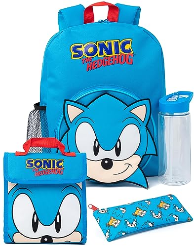 Sonic The Hedgehog Boys Backpack Set | Kids Gamer Blue Rucksack Bundle with School Bag, Pencil Case, Lunch Bag & Water Bottle