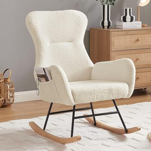 hansones Rocking Chair Nursery,Modern Accent Rocking Chair,Upholstered Nursery Glider Rocker for Baby,Rocking Chair Indoor for Living Room/Bedroom/Nursery(Cream White Teddy Fabric)