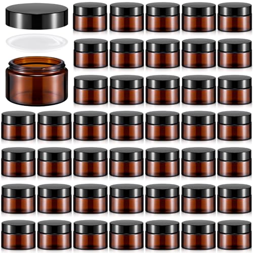 Domensi 60 Pcs 1 oz Clear/Amber Glass Jars with Lids Round Glass Cosmetic Jars Small Glass Containers with Inner Liners Travel Containers for Lotions Powders Ointments Sample Cream(Amber, Black Lid)