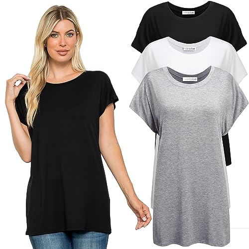 Free to Live 3 Pack Extra Long Tshirts for Women Tunic Tops for Leggings Short Sleeve Tee Shirts (Large, Black, Heather Grey, White)