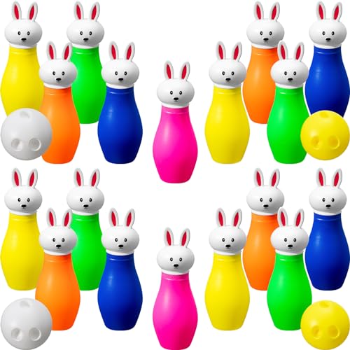 RoundFunny 24 Pcs Easter Bunny Bowling Set Includes 20 Plastic Bowling Pins and 4 Pcs Plastic Balls Mini Rabbit Bowling Set for Boys Girls Indoor Outdoor Easter Birthday Party Game Activity