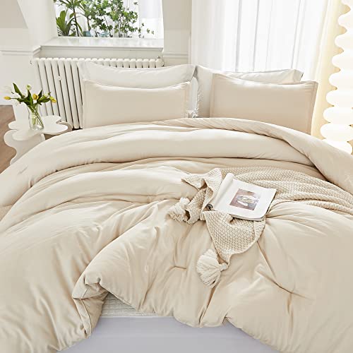 Litanika Full Size Comforter Sets Beige, 3 Pieces Boho Lightweight Bedding Comforter Sets, Down Alternative Comforter Fluffy Bed Set Gift Choice