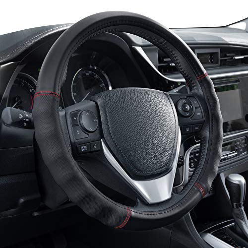 Motor Trend Faux Leather Steering Wheel Cover, Standard 15 inch Size, Comfort Grip Design, Solid Black Car Steering Wheel Cover for Truck Van SUV Auto