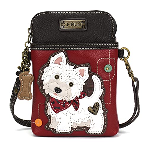 CHALA Cell Phone Crossbody Purse-Women PU Leather/Canvas Multicolor Handbag with Adjustable Strap - Westie - burgundy