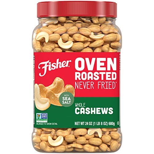 Fisher Oven Roasted Never Fried Whole Cashews, 24 Ounces (Pack of 1), Snacks for Adults, Made With Sea Salt, No Added Oils, Artificial Ingredients or Preservatives, Gluten Free, Vegan Protein, Bulk