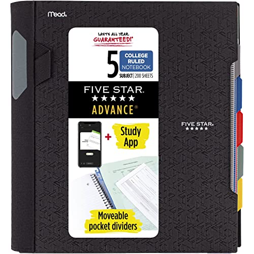 Five Star Spiral Notebook + Study App, 5 Subject, College Ruled Paper, Advance Notebook with Spiral Guard, Movable Tabbed Dividers and Expanding Pockets, 8-1/2' x 11', 200 Sheets, Black (73144)