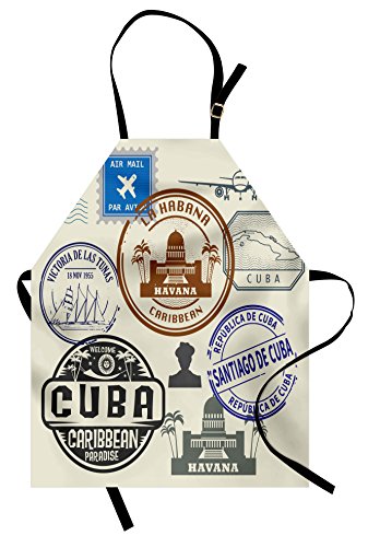Lunarable Havana Apron, Travel Concept Passport Stamp Design of Cuban Cities and Landmarks, Unisex Kitchen Bib with Adjustable Neck for Cooking Gardening, Adult Size, Cobalt Blue